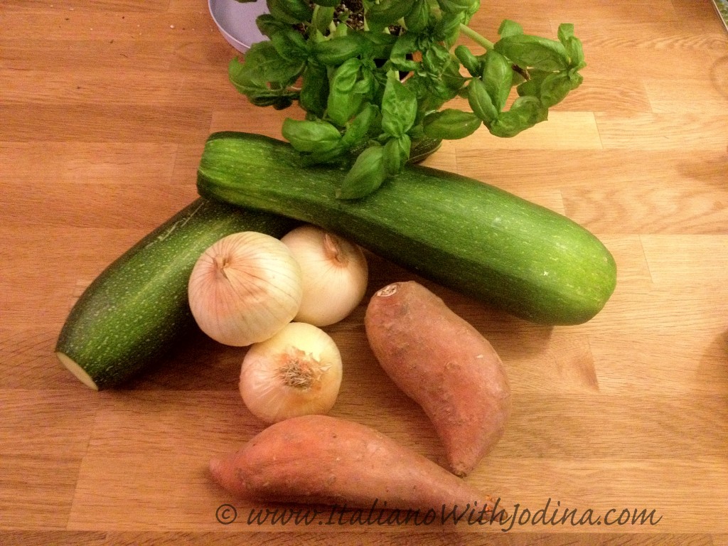 vegetables for soup: zucchini basil onion sweet potato
